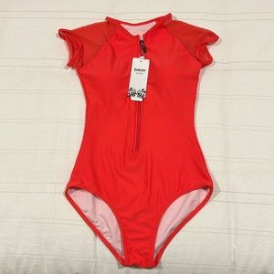 Coral/Pink Swimsuit One Piece Mesh Cap Sleeves Front Zipper Built In Bra